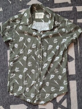 PYKNIC Olive Button-Up Shirt with White Skull Print